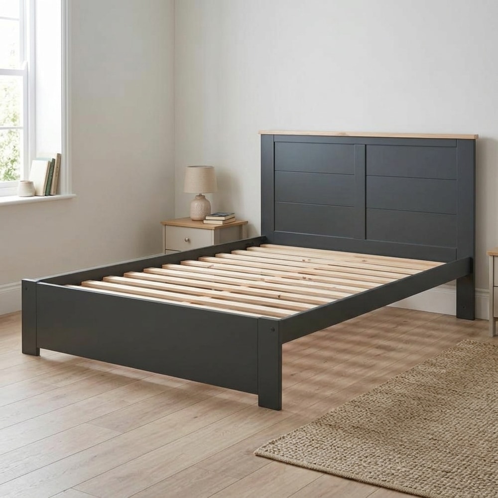 Cama doble gris con cabecero de diseño moderno
