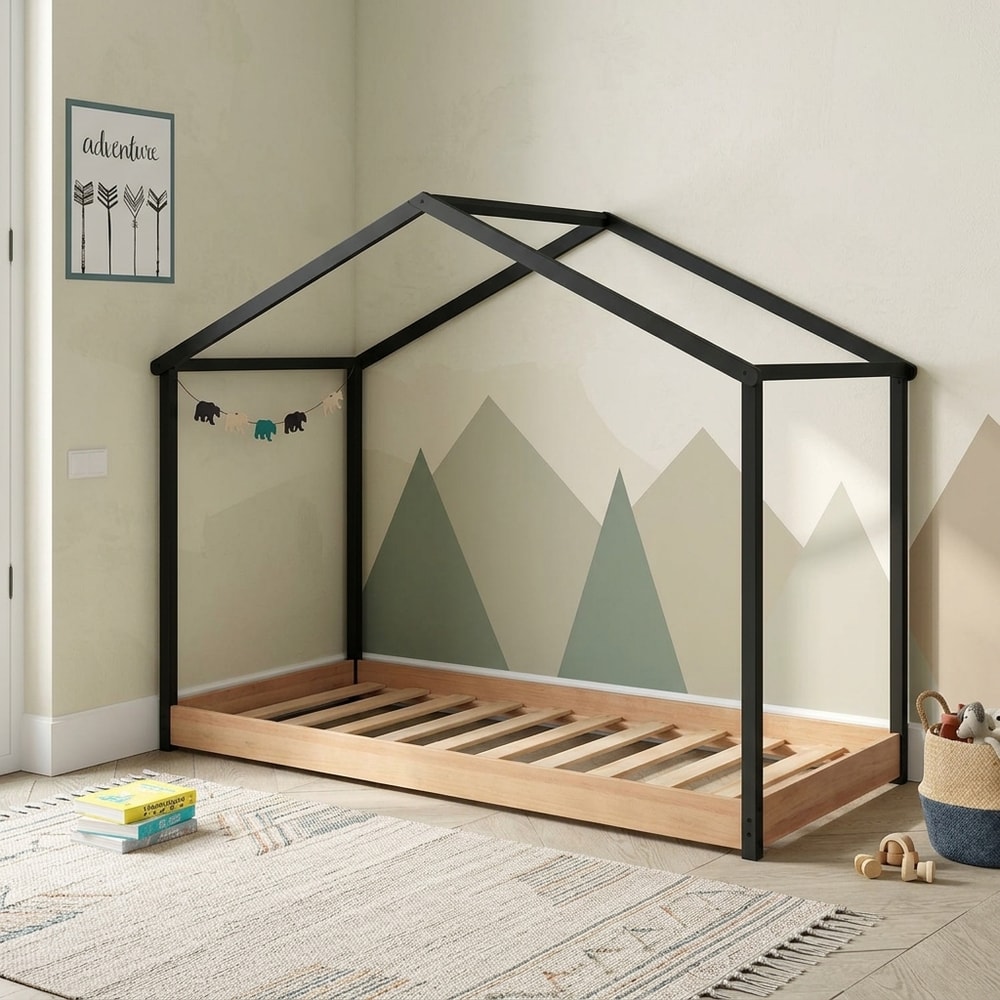 Cama Cabaña Montessori Infantil Antracita y Madera