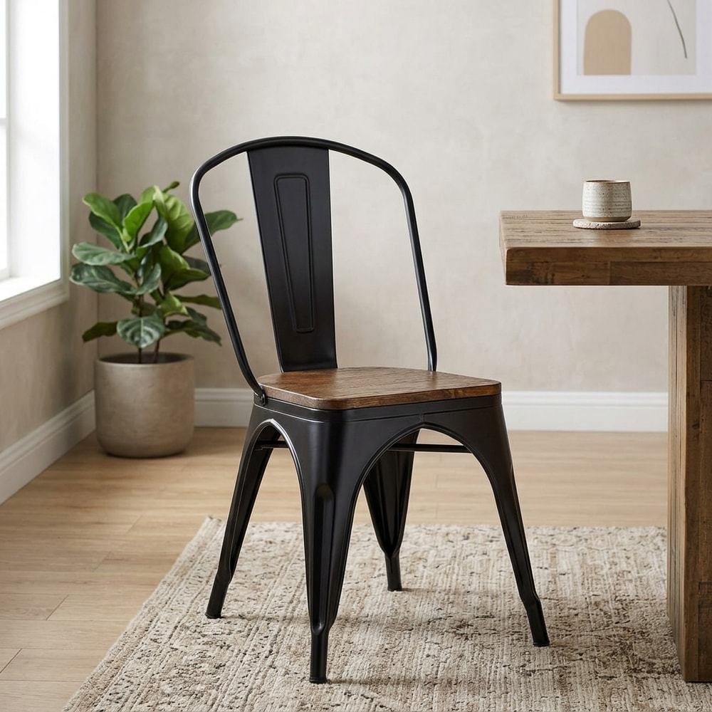 Silla industrial en acero negro y madera de pino