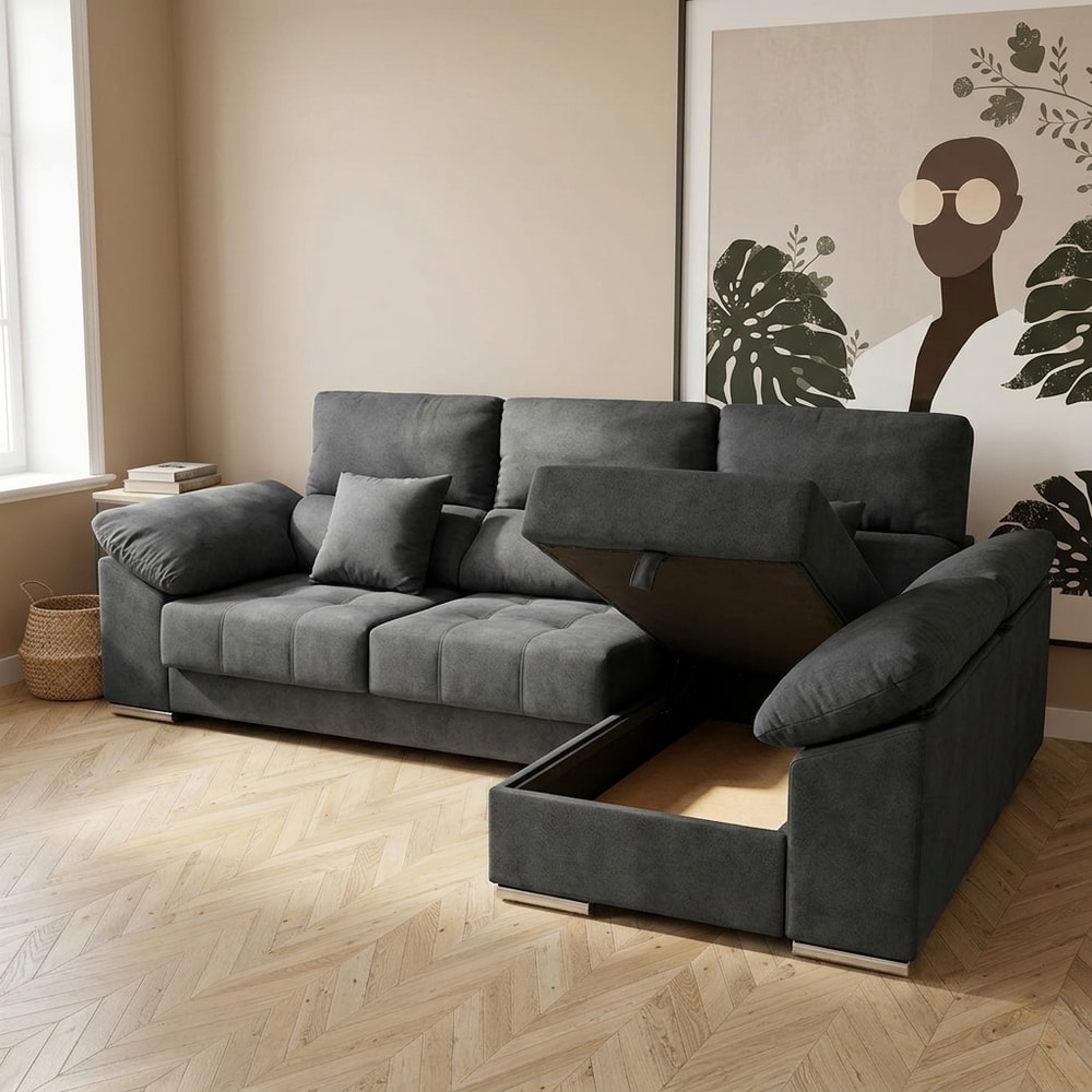 Sofá Chaise Longue Gris con Arcón y Reclinable