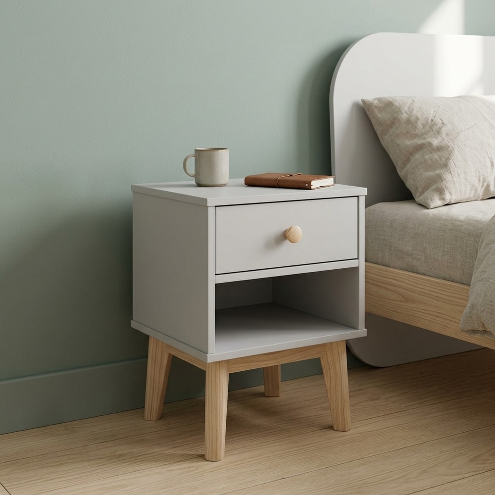 Mesita de noche blanca con cajón y patas madera