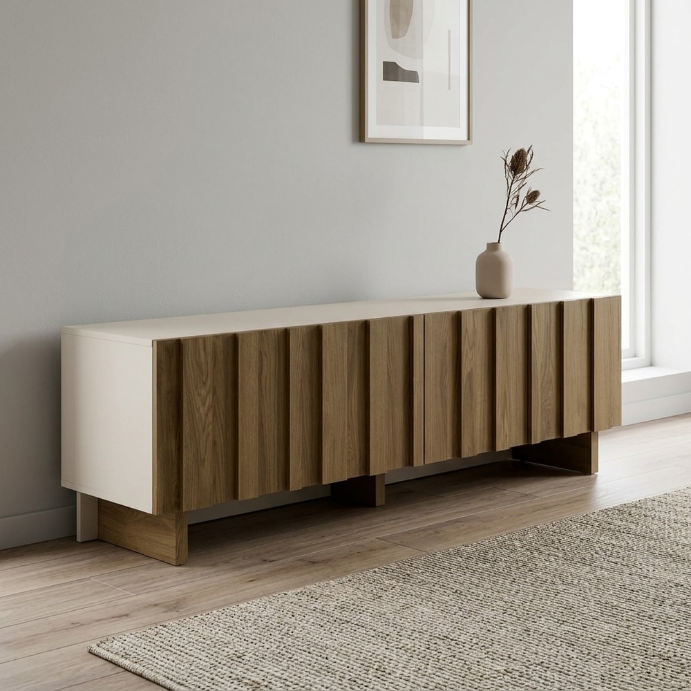 Mueble de TV alistonado crema y roble oscuro