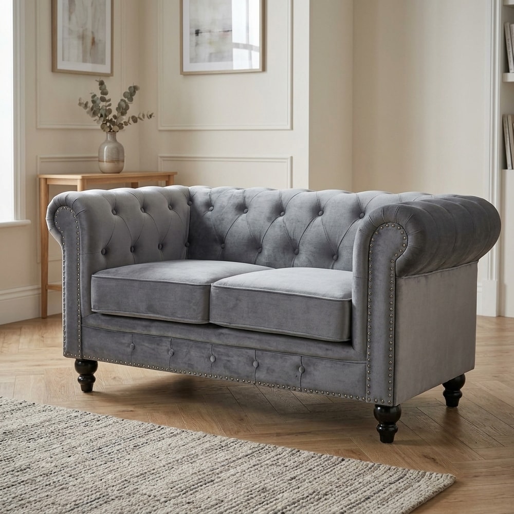 Sofá Chesterfield 2 plazas terciopelo gris