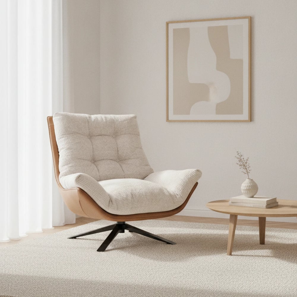 Sillón giratorio tapizado beige y marrón
