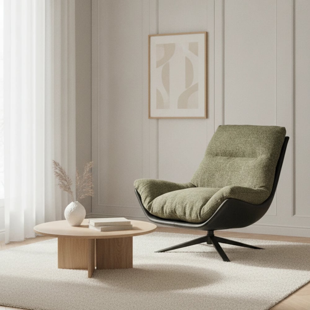 Sillón giratorio tapizado verde oliva con base de metal negro
