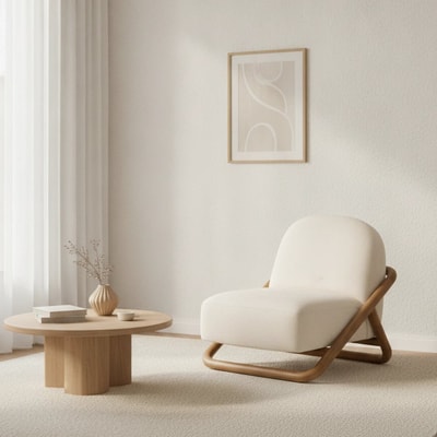 Sillón tapizado bouclé beige con estructura de teca