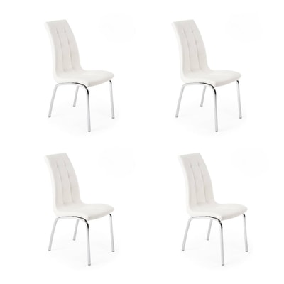 Juego de 4 Sillas Tapizadas en Símil Piel Blanco con Patas Cromadas, Asiento y