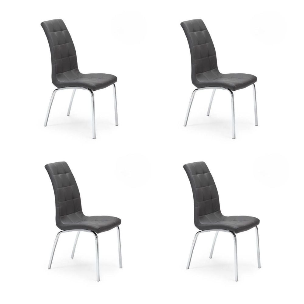 Juego de 4 Sillas Tapizadas en Símil Piel Gris Oscuro con Patas Cromadas,