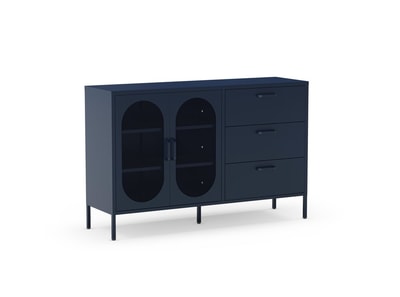 Aparador bajo azul con puertas de rejilla y 3 cajones