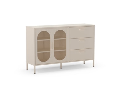 Aparador bajo crema con puertas de rejilla y 3 cajones