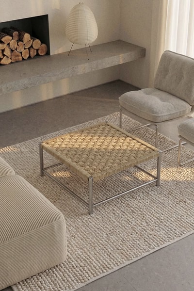 Mesa de centro cuadrada 80x80 cm en acero inoxidable y yute Narnial