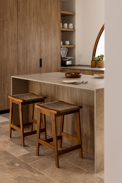 Taburete alto 65 cm en madera de acacia y cuerda trenzada marrón trigo Tenay