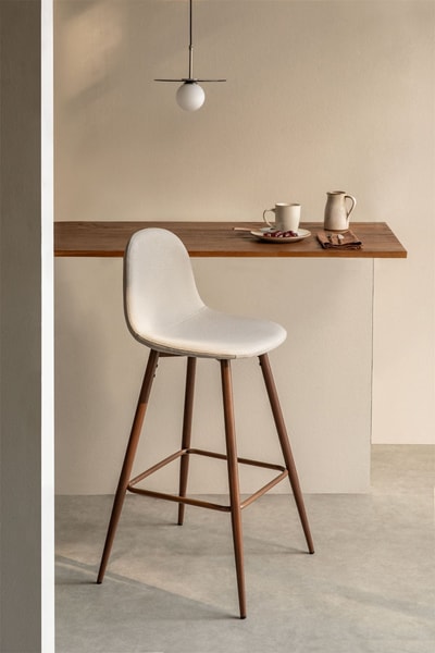 Taburete alto 75 cm en tela beige crema y patas acabado madera oscura Glamm