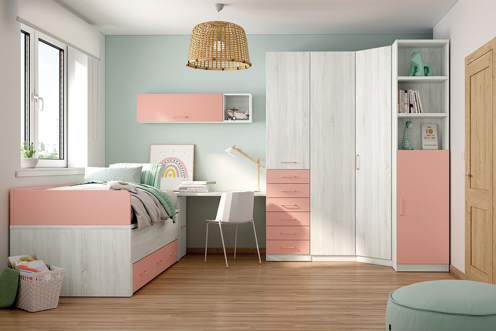Dormitorio Juvenil Completo con Cama Nido, Armario Rincón y Escritorio