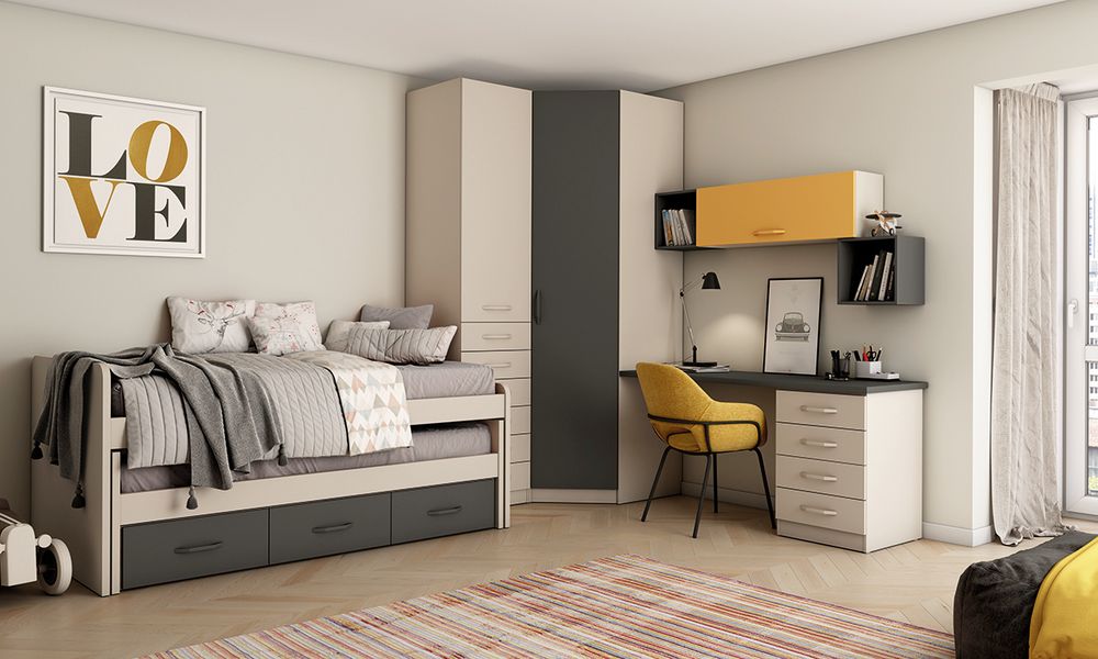 Dormitorio Juvenil Completo: Cama Nido, Armario Rincón y Escritorio