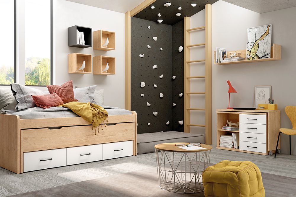 Dormitorio Juvenil Completo: Cama Nido, Escritorio Giratorio y Estantes