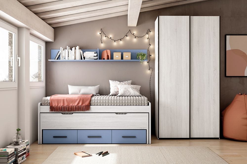 Dormitorio Juvenil: Cama Nido con Cajones, Armario y Estante