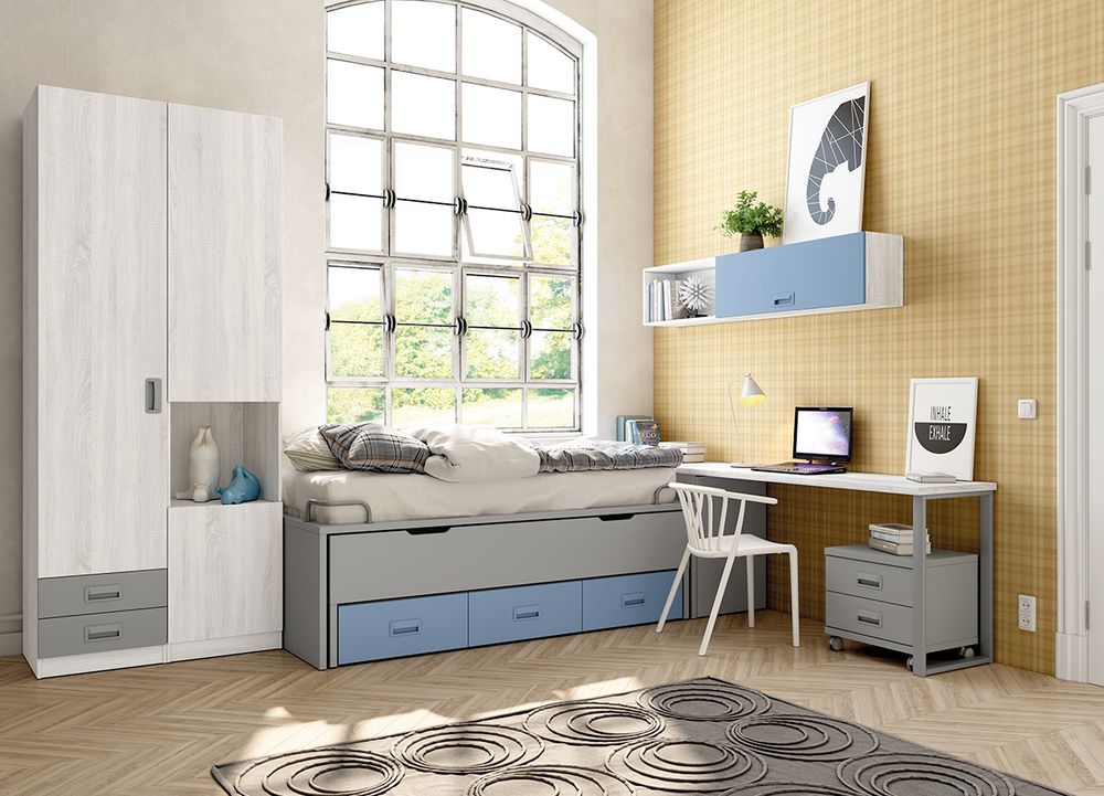 Dormitorio Juvenil Completo con Cama Nido, Armario y Escritorio