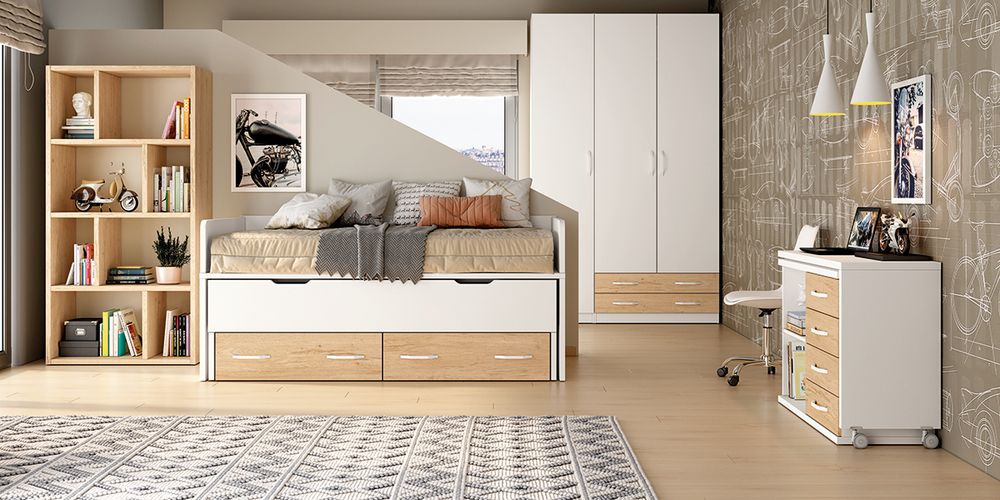 Dormitorio Juvenil Completo con Cama Nido, Armario y Escritorio