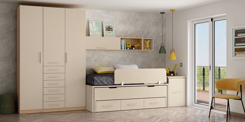 Dormitorio Juvenil Completo con Cama Nido, Armario y Escritorio