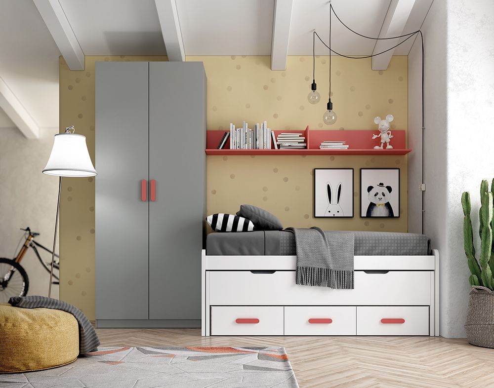 Habitación Juvenil con Cama Compacta, Armario y Estante