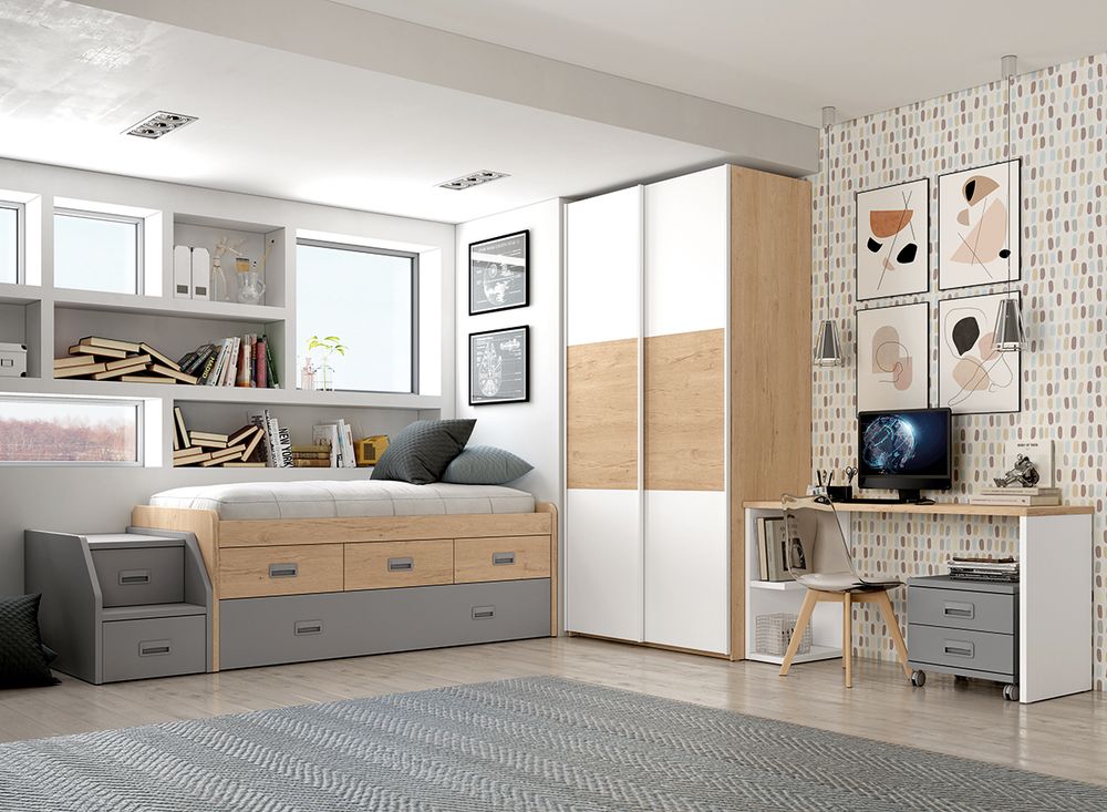 Dormitorio Juvenil Completo: Cama Compacta, Armario y Escritorio
