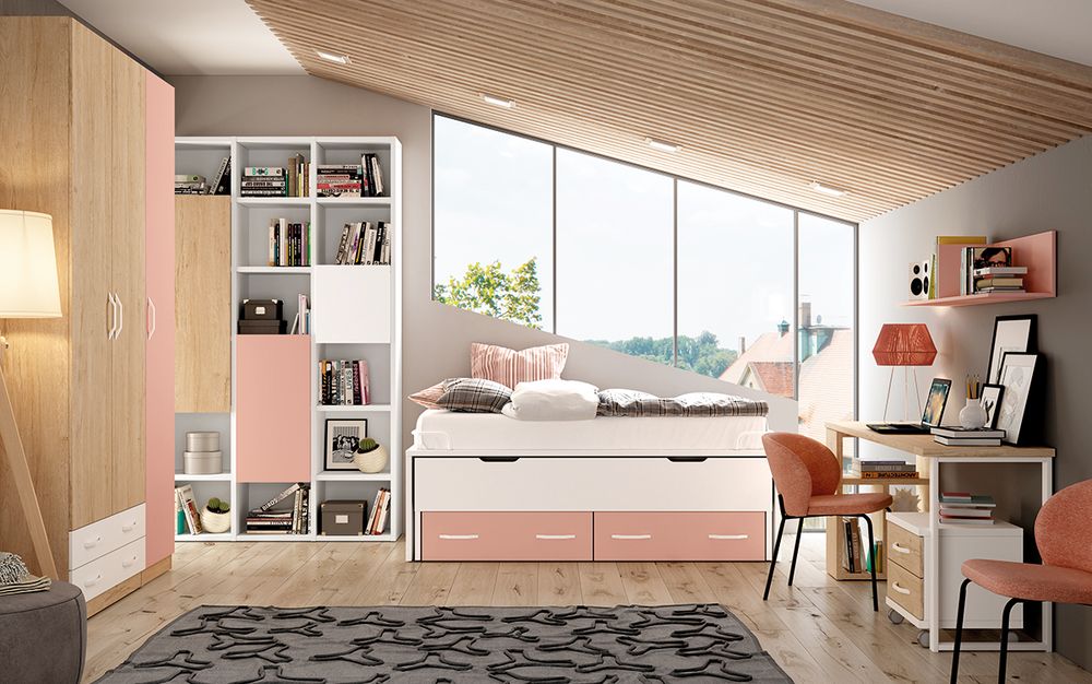 Dormitorio Juvenil Completo con Cama Nido, Armario y Escritorio