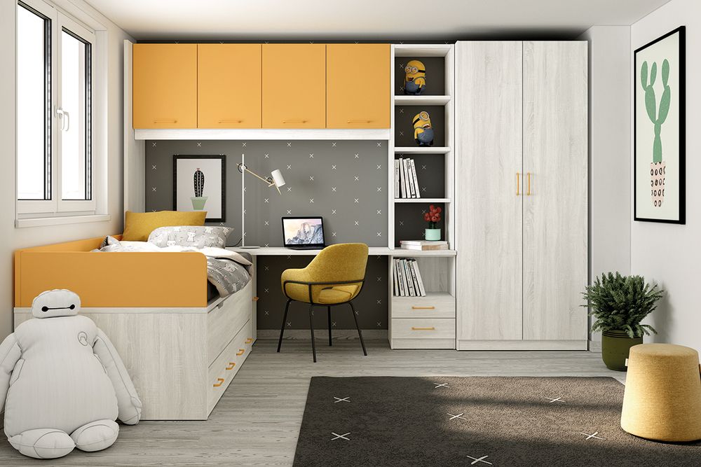 Dormitorio Juvenil Completo con Cama Nido, Armario y Estudio