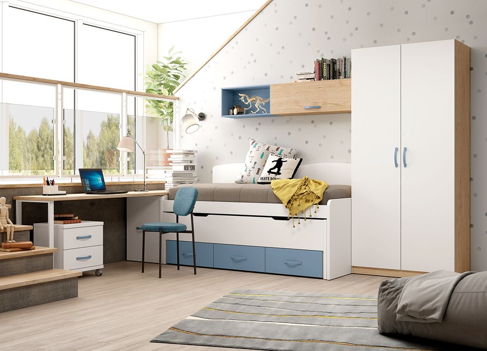 Dormitorio Juvenil Completo Cama Compacta, Armario y Estudio