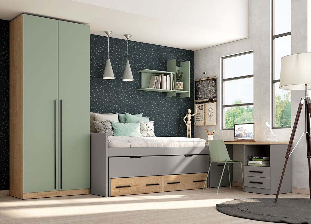 Dormitorio Juvenil Completo con Cama Nido, Armario y Mesa