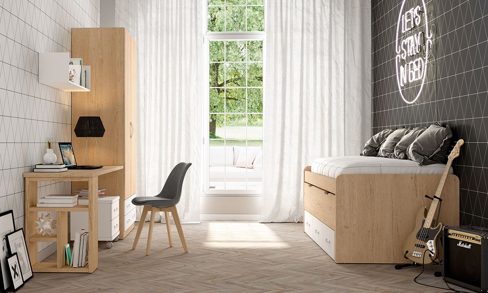 Dormitorio Juvenil con Cama Compacta, Armario y Escritorio