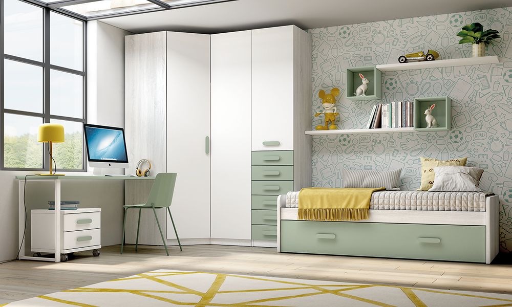 Habitación Juvenil Modular con Cama Nido, Armario y Escritorio