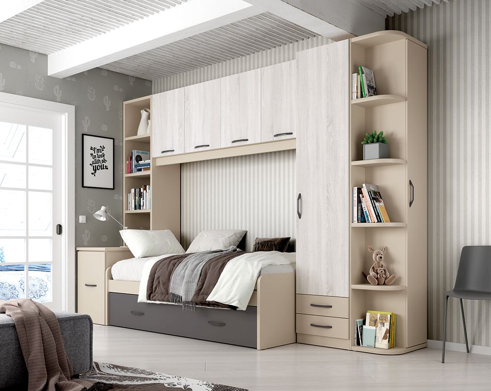 Dormitorio Juvenil Completo con Cama Nido, Armario y Escritorio