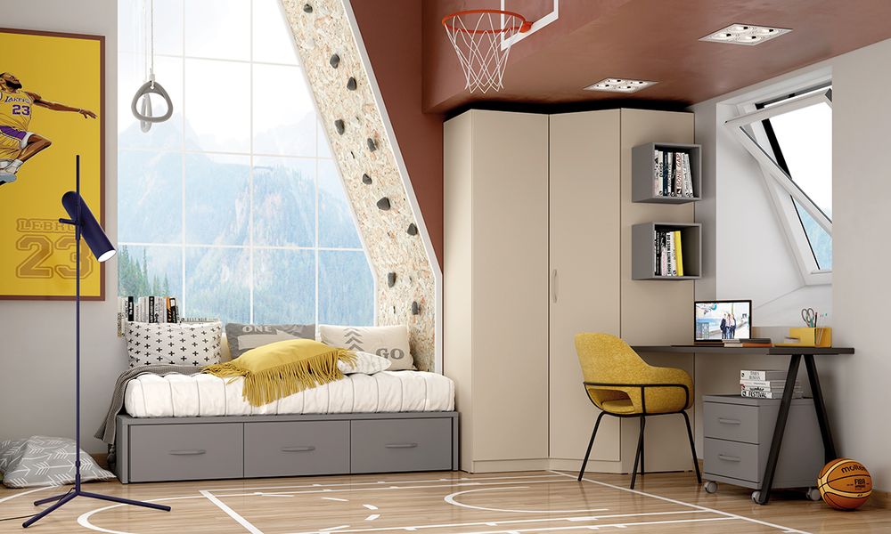 Dormitorio Juvenil con Cama Nido, Armario Rinconero y Escritorio