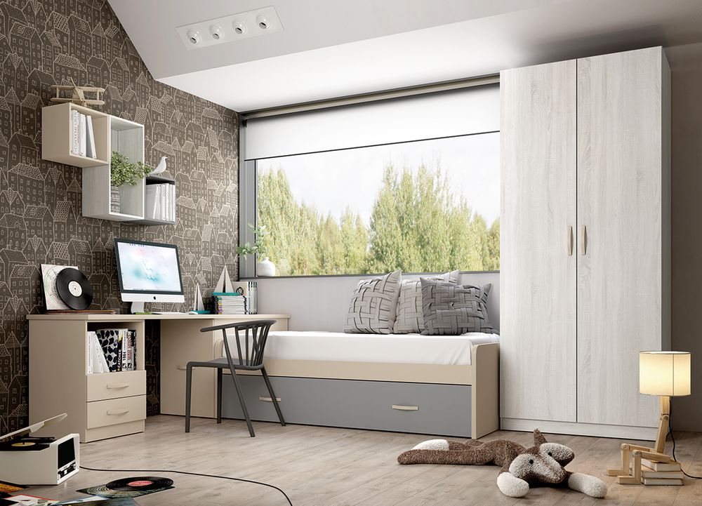Dormitorio Juvenil Completo Cama Nido, Armario y Escritorio