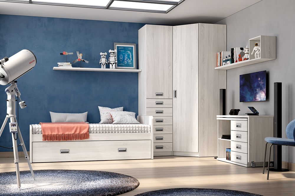 Dormitorio Juvenil Completo con Cama Nido y Armario Rinconero