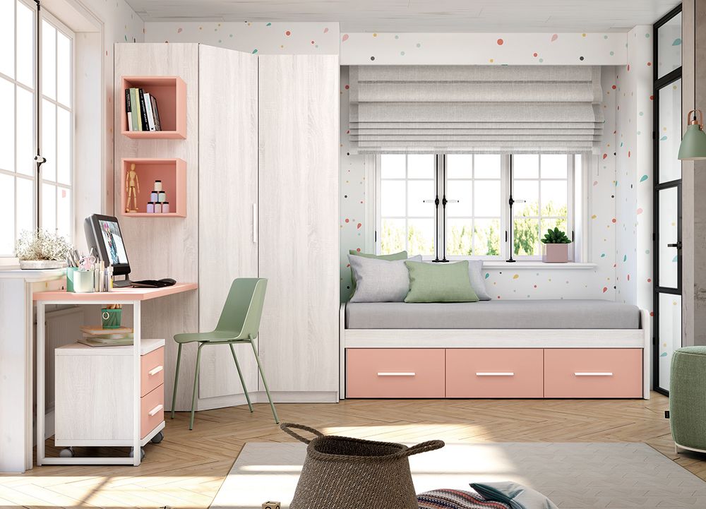 Dormitorio Juvenil Completo con Cama Nido, Armario y Escritorio