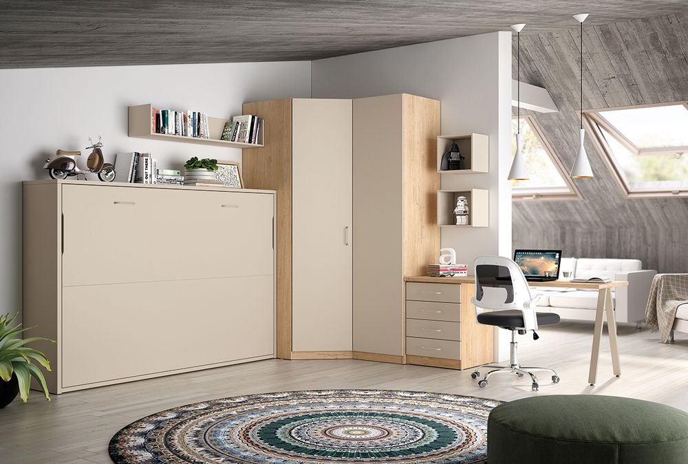 Dormitorio Juvenil con Cama Abatible 135x190 y Armario Rinconero