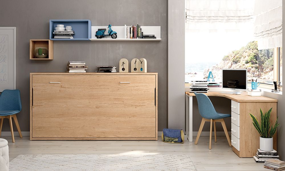 Dormitorio Juvenil Cama Abatible 90x190 y Escritorio Rincón