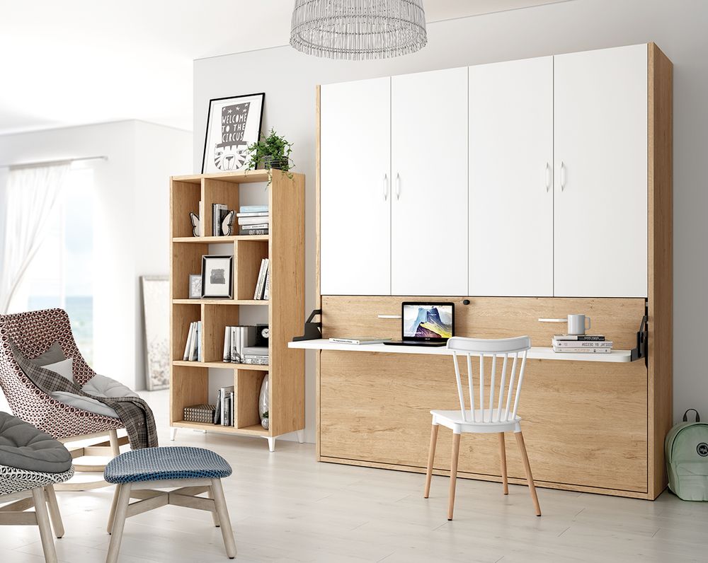 Dormitorio Juvenil con Cama Abatible, Escritorio y Estantería