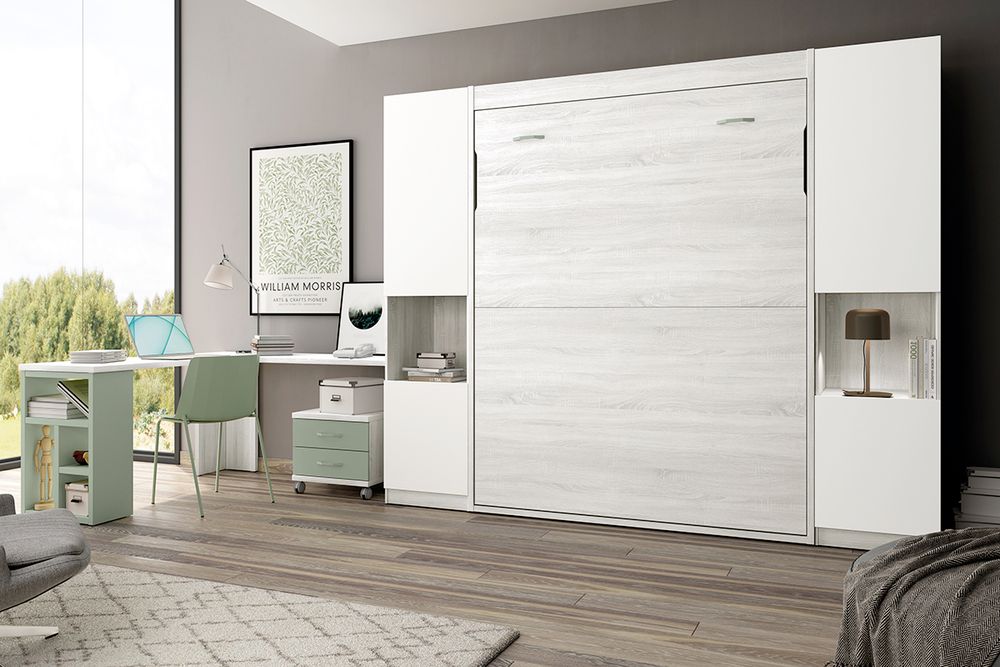 Dormitorio Juvenil con Cama Abatible 150x190, Armarios y Escritorio