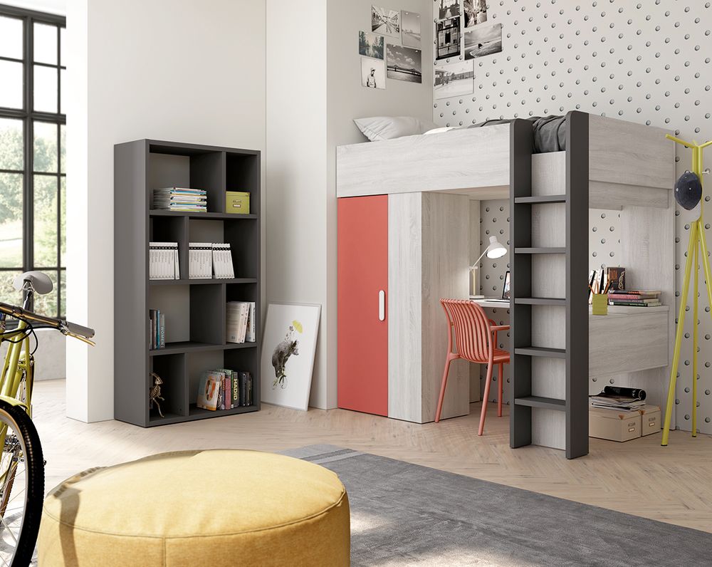 Cama Litera Juvenil con Zona de Estudio y Estantería
