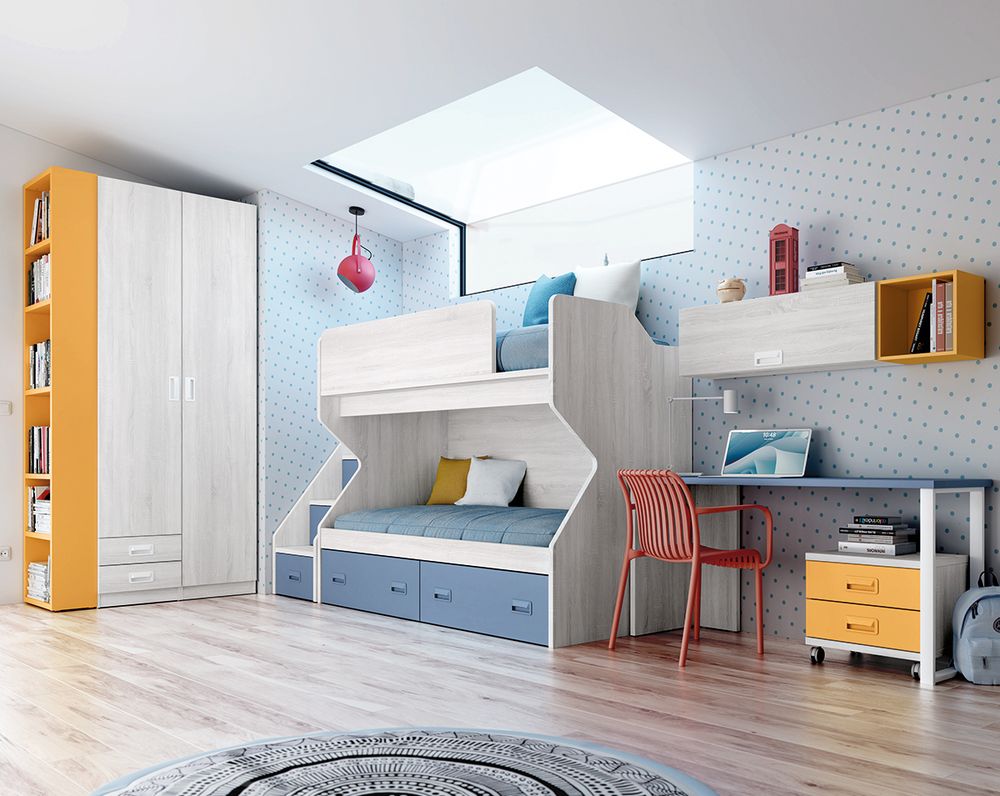 Habitación Juvenil Completa con Litera, Armario y Escritorio