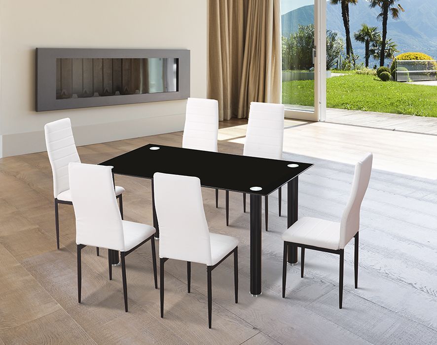 Conjunto de mesa negra y 6 sillas blancas