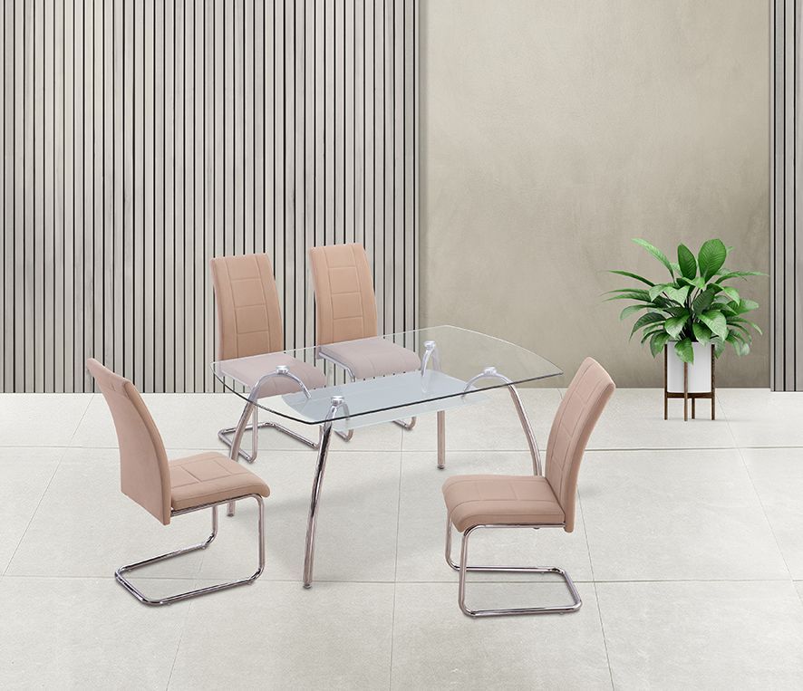 Conjunto comedor mesa cristal y 4 sillas beige