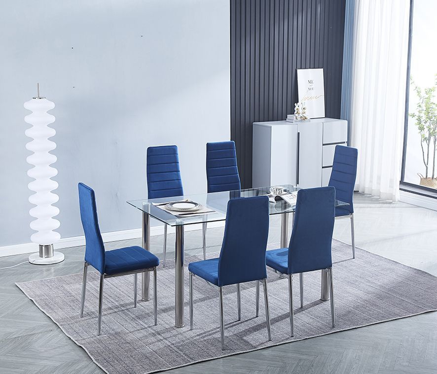 Conjunto de mesa de cristal y 6 sillas azules