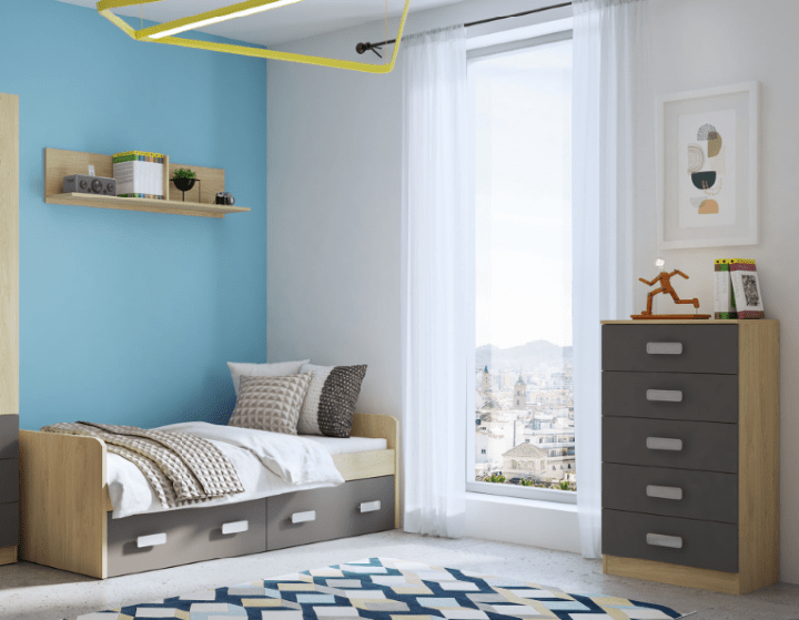 Conjunto juvenil cama con cajones y cómoda