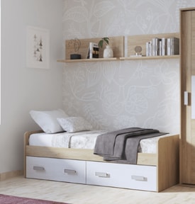 Cama juvenil con cajones en blanco y madera