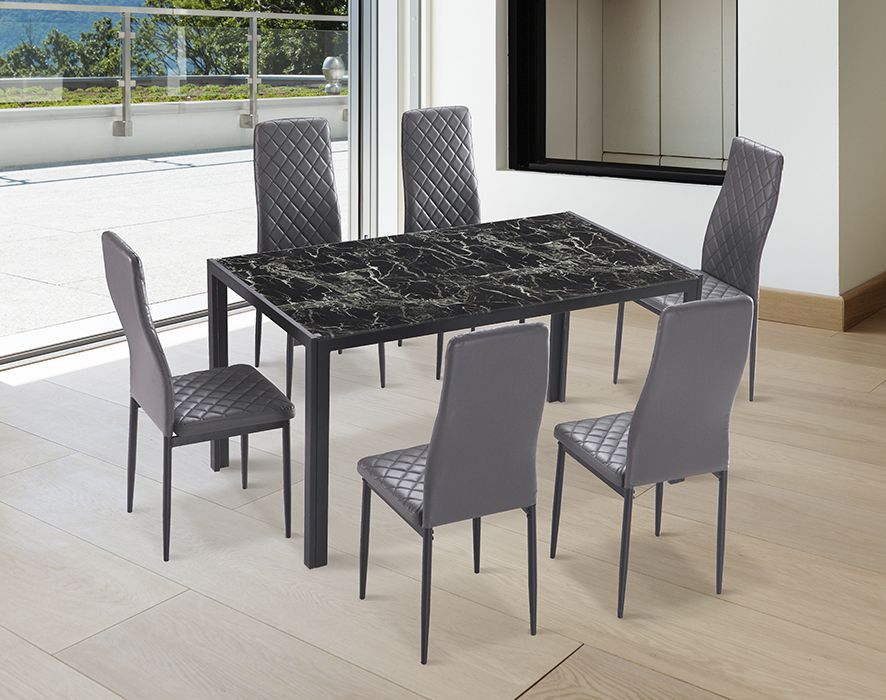 Conjunto mesa de mármol y 6 sillas grises