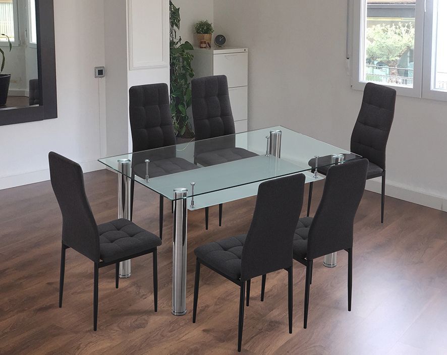Conjunto comedor mesa cristal y 6 sillas grises